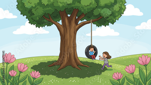 Children playing on tire swing under big tree illustration, happy childhood outdoor activity scene, kids playing in nature park