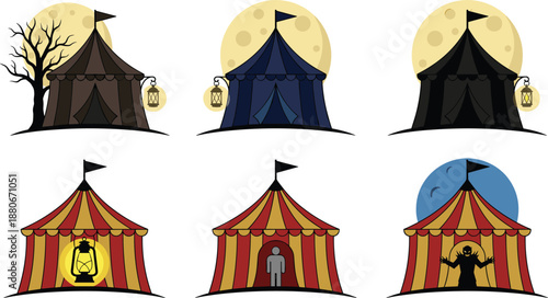 Circus tent illustration set, spooky night carnival tents with lanterns and moon, fairground pavilion designs, fantasy festival concept