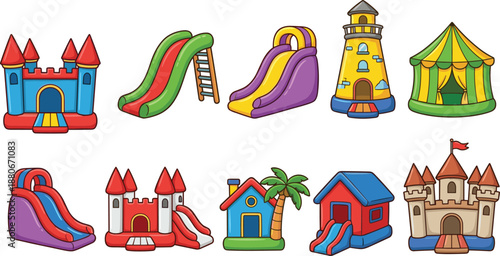 Colorful inflatable playground set with bouncy castles, slides, lighthouse and tents, fun amusement park attractions, cartoon kids party equipment illustration
