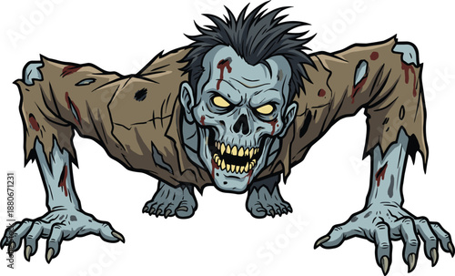 Creeping zombie monster illustration in dark comic style with dramatic pose and horror fantasy character design