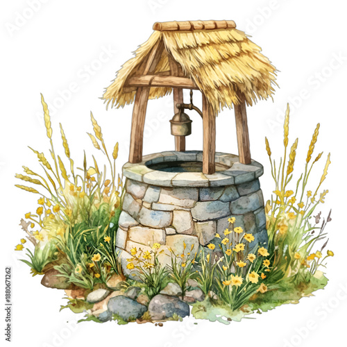 Watercolor Illustration of a Rustic Stone Wishing Well with Thatched Roof and Wildflowers
