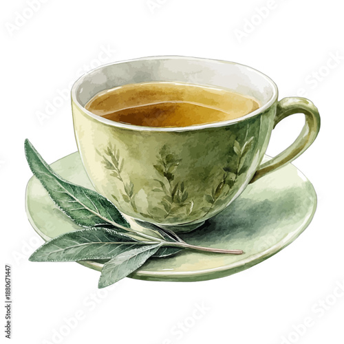 Watercolor Illustration of a Green Tea Cup and Saucer with Fresh Tea Leaves
