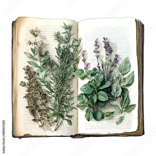 Watercolor Vintage Open Book with Botanical Illustrations of Herbs and Flowers
