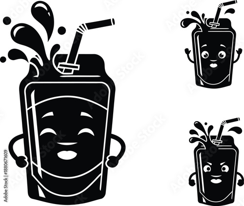 Cute cartoon juice box mascot vector illustration with splashing liquid and happy face silhouette icon for beverage branding design.