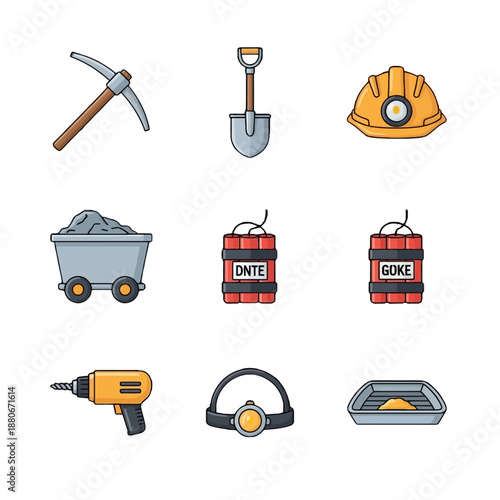Collection of Mining Tools and Equipment Isolated on White Background.