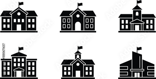 School building icon set, six black solid education facility symbols with flag, university campus silhouettes, minimal flat vector icons for web and signage