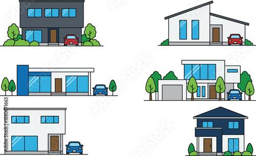 Set of six modern house vector illustrations, residential home facades with cars and trees, minimal flat architectural icons for real estate presentations