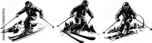 Black and white skier action silhouette vector set, Extreme winter sports alpine skiing athletes in mountain forest scenes, Monochrome outdoor adventure illustrations isolated on white background