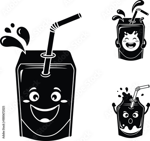 Cute cartoon juice box mascot vector illustration set with funny face and liquid splash silhouette icon collection for beverage branding design.