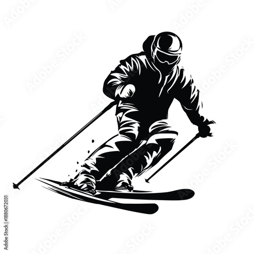 Black and white skier jumping silhouette vector illustration, Extreme winter sports action, Alpine skiing athlete in forest scene, Monochrome outdoor adventure design isolated on white background