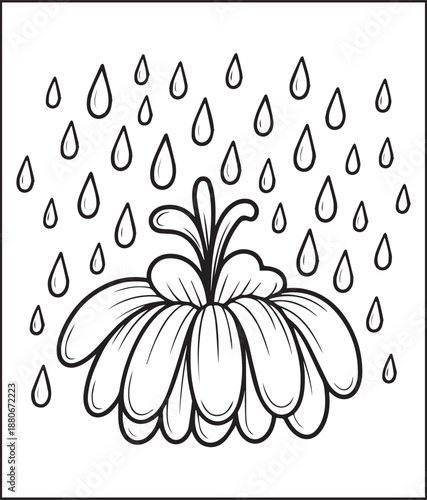 Blooming flower with rain drops coloring page for kids and adults, Beautiful spring flower black line art vector illustration printable coloring book design
