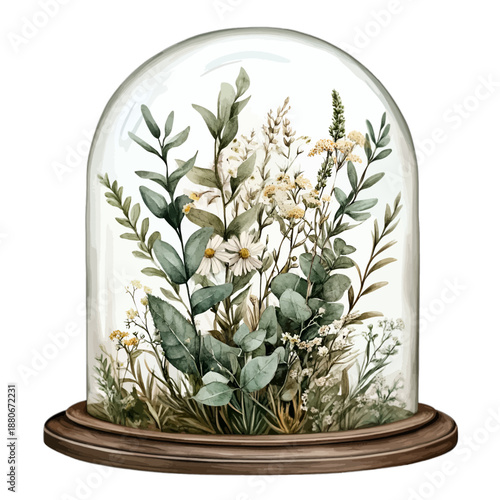 Watercolor Vintage Floral Arrangement in Glass Bell Jar Cloche
