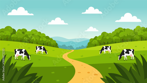 Vector illustration of cows grazing in a green meadow under a cloudy sky, with rolling hills and trees in the background