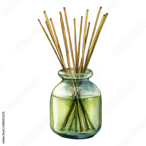 Watercolor Illustration of Green Aroma Reed Diffuser in Glass Jar

