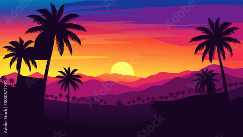 Vibrant sunset over a tropical landscape with palm trees vector illustration