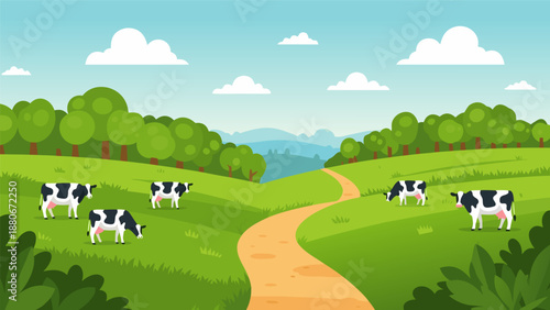 Rural landscape vector illustration of grazing cows in a green meadow with a winding path and trees under a cloudy sky