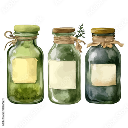 Watercolor Vintage Glass Apothecary Jars Set with Labels and Greenery
