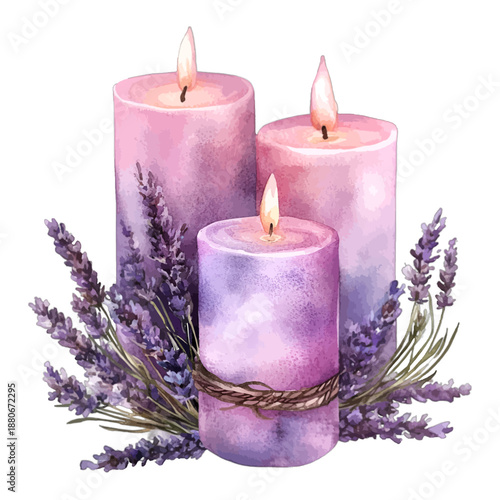Watercolor Painting Illustration of Three Pink and Purple Lit Candles with Lavender Flowers
