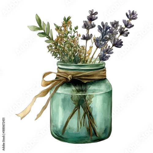 Watercolor Lavender Flowers in Rustic Glass Mason Jar
