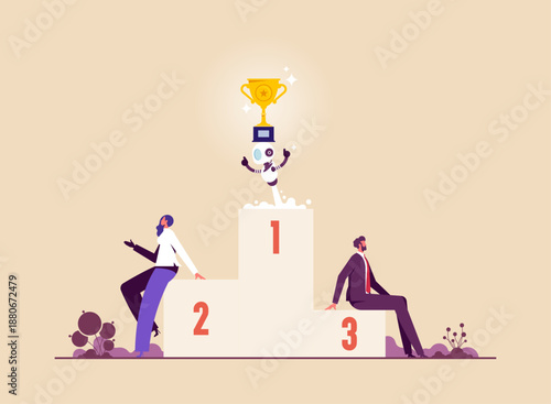 Robot Artificial intelligence winning, business people competition against a robot, AI to replace people in office work, AI robot winning holding champion trophy with human competition