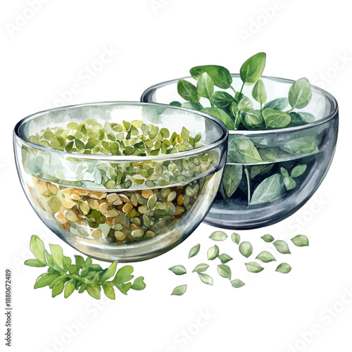 Watercolor Glass Bowls with Fresh and Dried Green Herbs Spices
