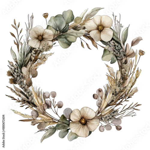 Watercolor Neutral Pampas Grass and Dried Floral Wreath Illustration
