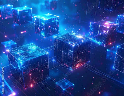 Futuristic digital landscape with glowing blue cubes and neon lights.
