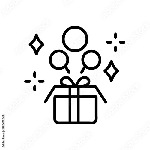 Open gift box with magnifying glass icons and sparkles