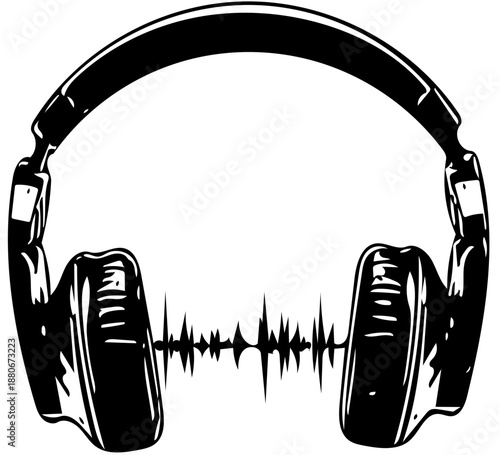 Illustration of a black and white pair of headphones with a sound wave in the middle representing audio and music