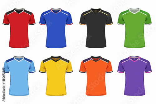 Vibrant collection of eight short-sleeved athletic shirts in various colors, featuring unique collar designs, ideal for sportswear templates or team uniform concepts