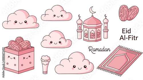 Cute Ramadan and Eid Al-Fitr elements: mosque, prayer mat, dates, clouds, and ice cream