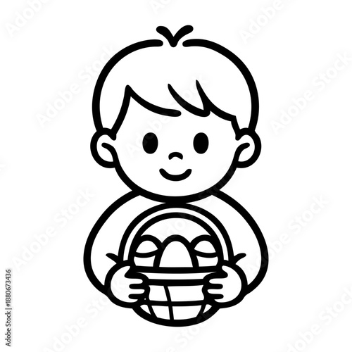 Dibujo sencillo de un niño sosteniendo en la mano una cesta llena de huevos de pascua, buscando dulces