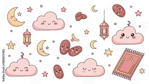 Cute Ramadan Elements: Clouds, Crescent Moons, Dates, Lanterns, Prayer Rugs, Stars