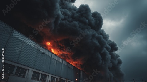 Exterior shot of a manufacturing facility wall consumed by flame and thick black smoke, showing fire, structural damage, and emergency hazard.