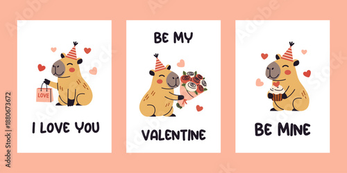 Vector set of cute valentine capybara greeting cards with love shopping bag and i love you quote, flower bouquet with be my valentine text, and cupcake with be mine message on peach background.