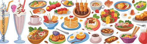 Colorful food illustration collection featuring desserts breakfasts beverages and international cuisine icons for restaurant menu poster advertising design background vector