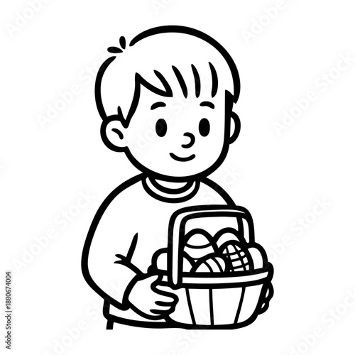 Dibujo sencillo de un niño sosteniendo en la mano una cesta llena de huevos de pascua, buscando dulces