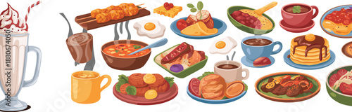 Colorful food illustration collection featuring desserts breakfasts beverages and international cuisine icons for restaurant menu poster advertising design background vector