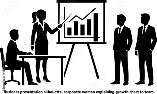 Business presentation silhouette, corporate woman explaining growth chart to team