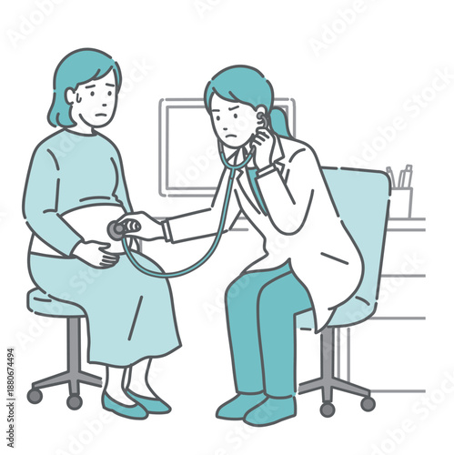 聴診を受ける冷や汗をかいた妊婦と深刻な表情の白衣の女性医師のイラスト