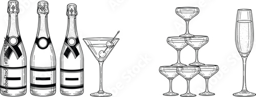 Elegant hand drawn champagne bottles, martini cocktail with olives, festive coupe glass tower, and bubbly flute for New Year party celebration.