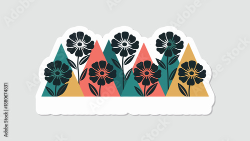 Vibrant floral mountain landscape sticker with colorful geometric shapes