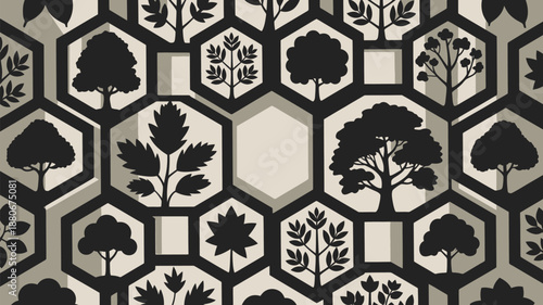 Elegant tree silhouettes in hexagonal pattern on beige background