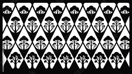 Elegant black and white floral pattern with geometric shapes design