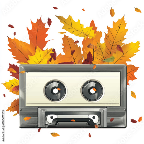 Retro Cassette Tape with Autumn Leaves 