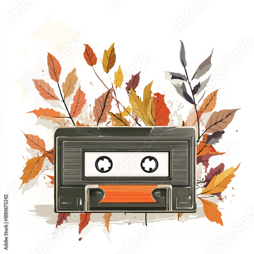Retro Cassette Tape with Autumn Leaves and Autumnal Vibes