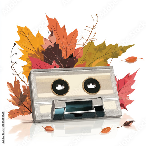Retro Cassette Tape with Autumn Leaves