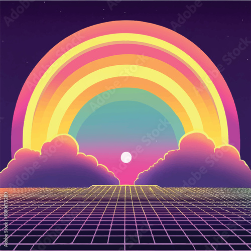 Retro Rainbow Landscape with Clouds and Grid