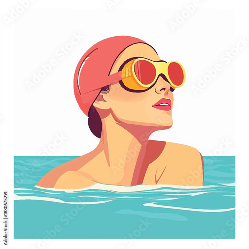 Retro Swimmer Woman Wearing Goggles and Cap in Pool.