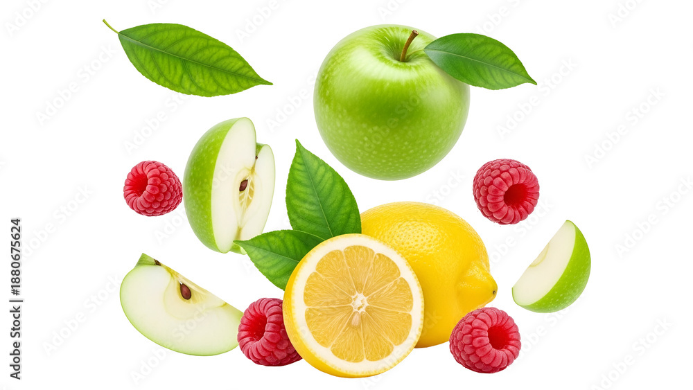 Naklejka premium Vibrant Mix of Fresh Green Apples, Zesty Lemons, and Sweet Raspberries with Leaves, Isolated on Transparent Background